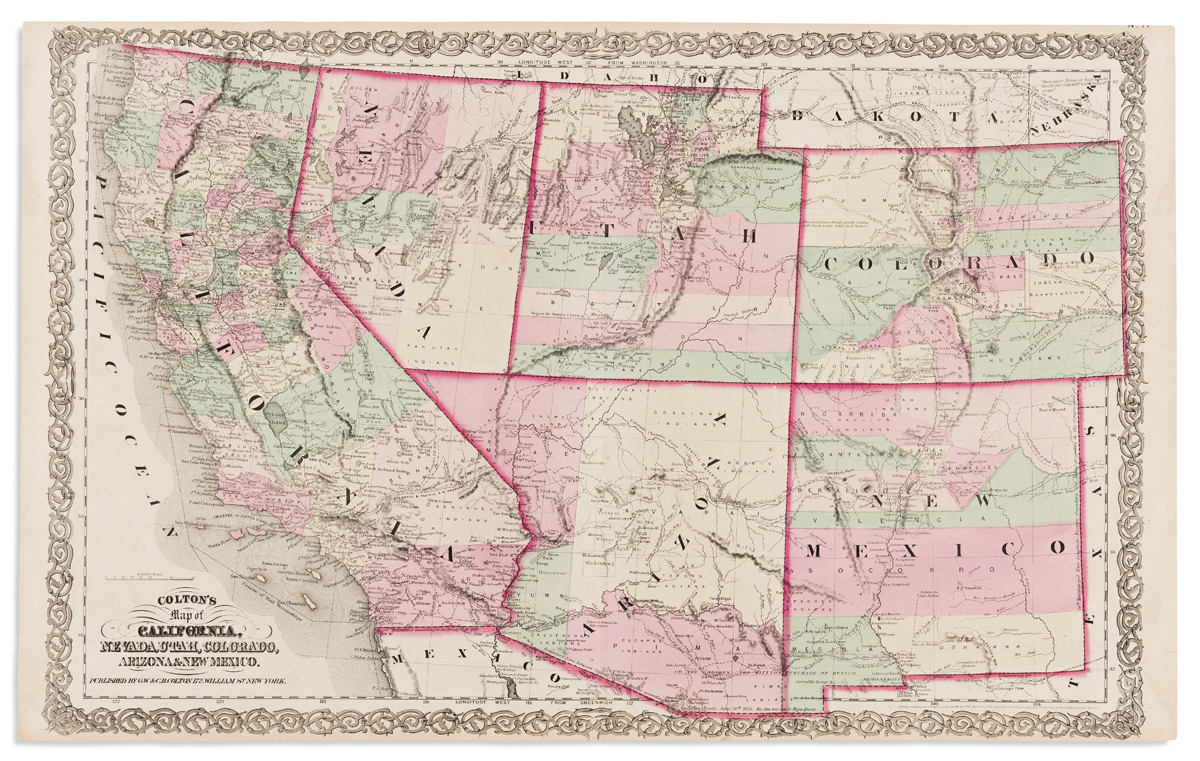 COLTON, G.W. & C.B. Coltons Map of California, Nevada, Utah, Colorado, Arizona & New Mexico.